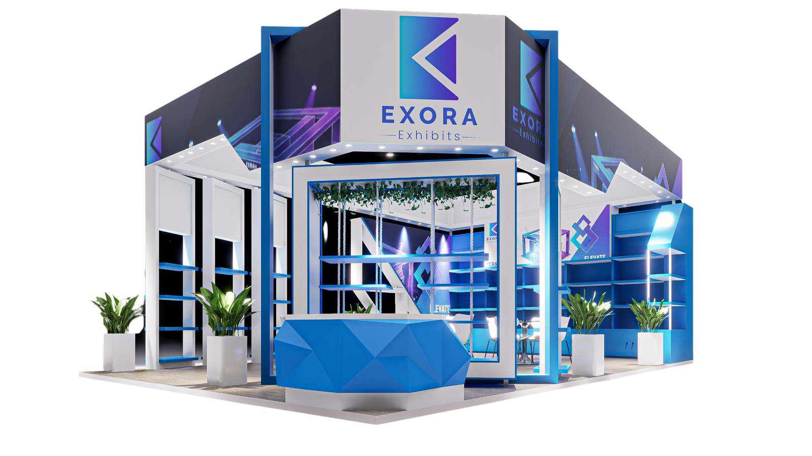 EXORA Exhibits design team reviewing a stand model